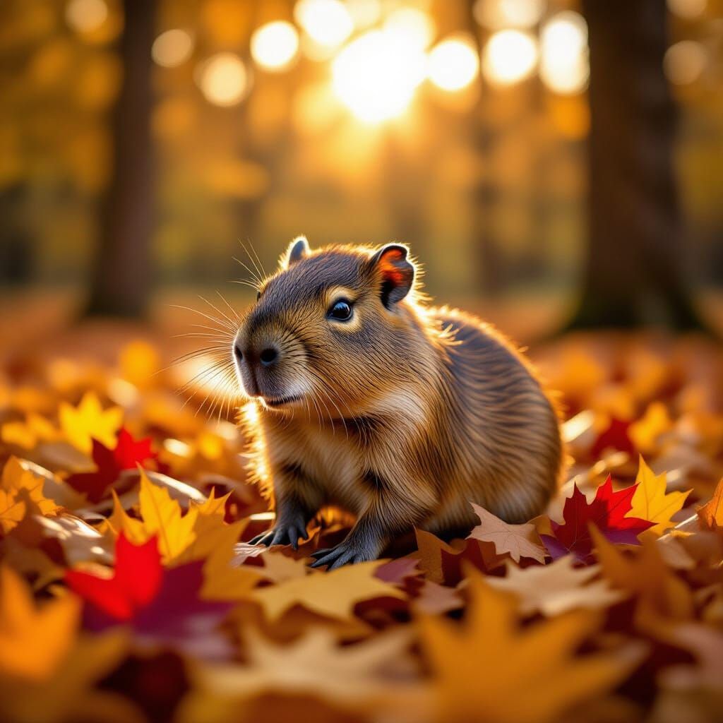 Adorable Baby Capybara Plays in Autumn Leaves