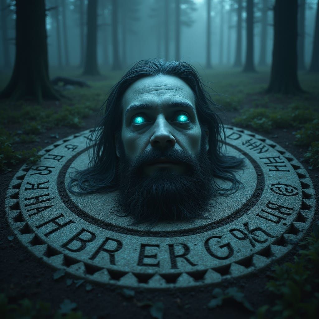 Surreal Norwegian Forest Scene with Glowing Eyes and Ancient...