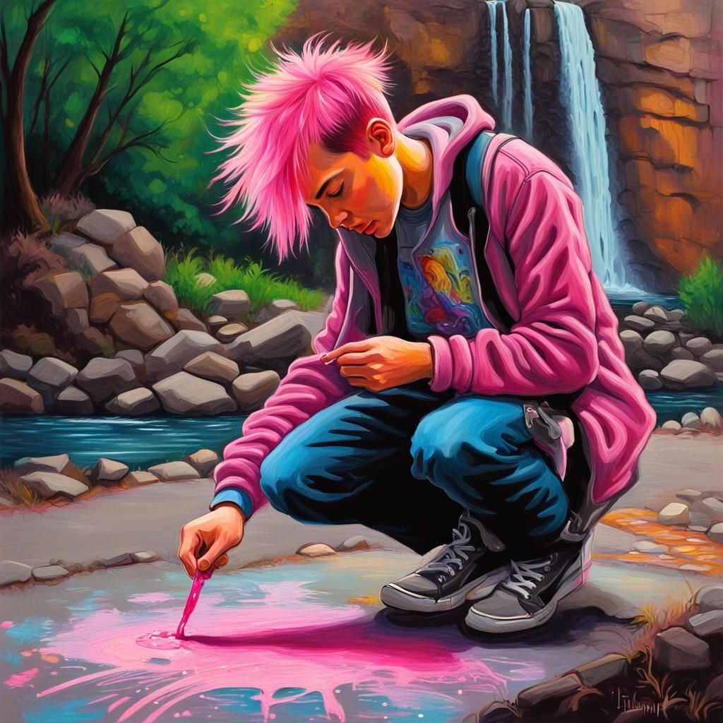 Boy Draws Waterfall Art in City Street, Graffiti Style