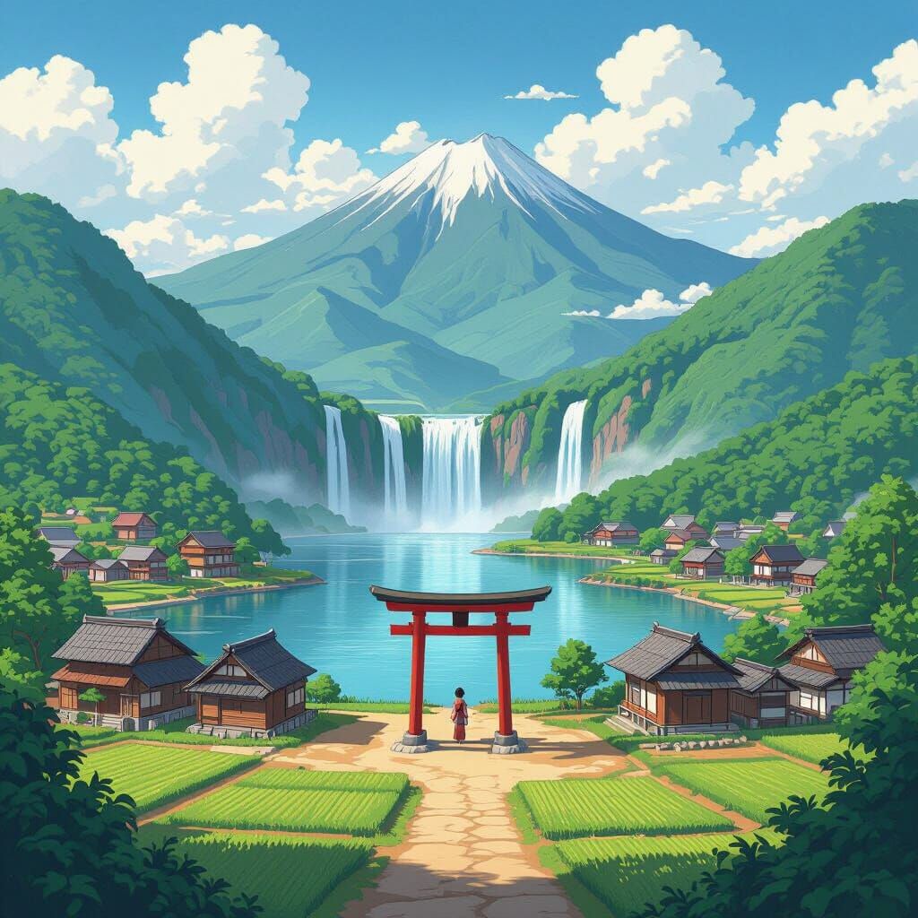 Feudal Japan Landscape with Waterfall and Village in Anime S...