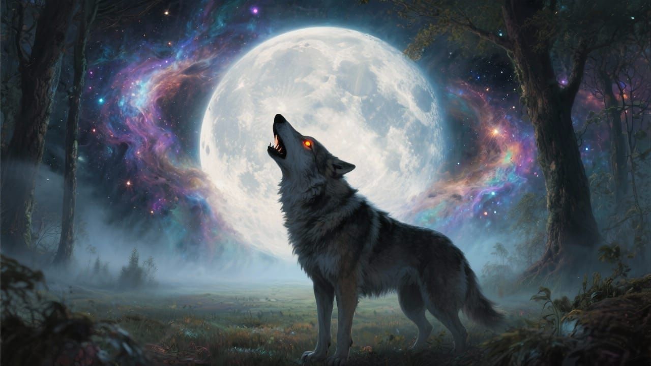 Lone Wolf Howling at Cosmic Dream Moon in Misty Clearing