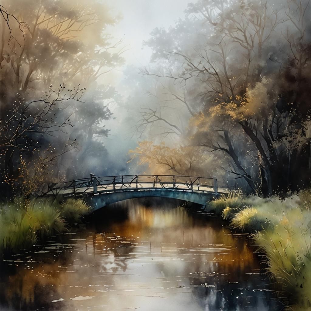 Misty River Bridge in Watercolor with Chiaroscuro