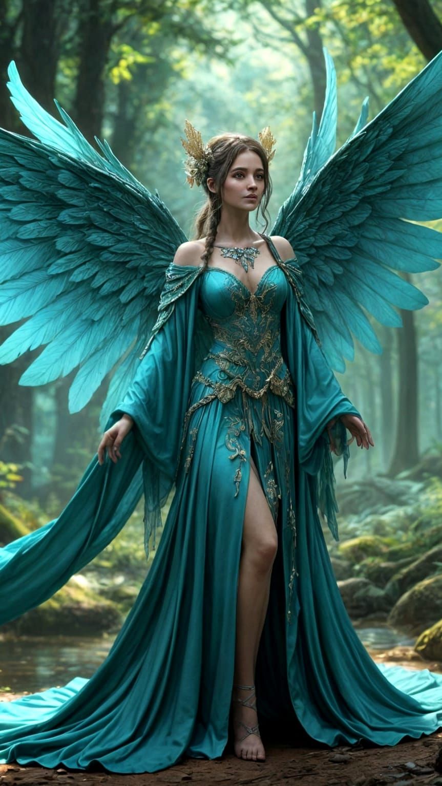 Elegant Fairy in Turquoise Robe, Fantasy Fairytale Oil Paint...