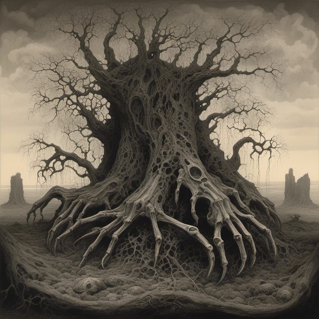 Surreal Tree-Hand Sculptures in Forest, Ink-Wash Style