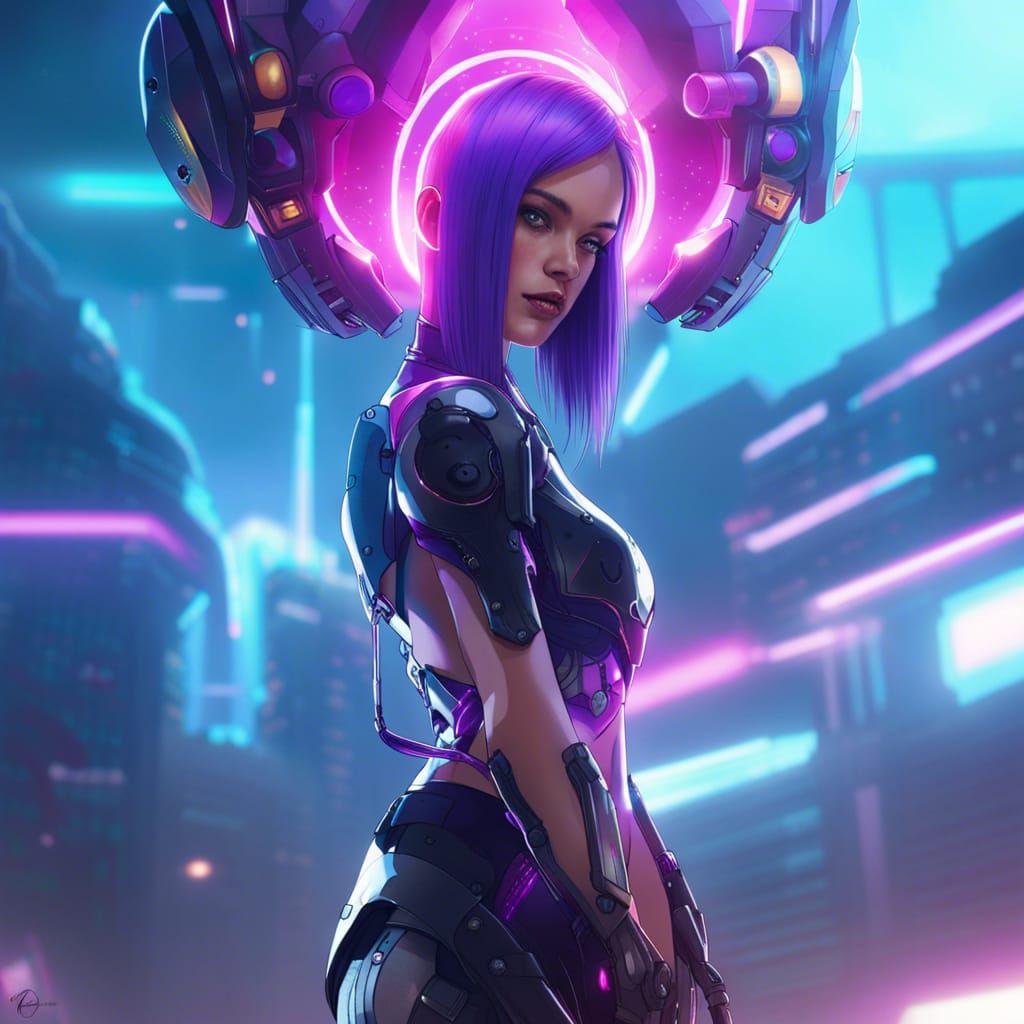 Futuristic Half-Robot Woman with Purple Hair