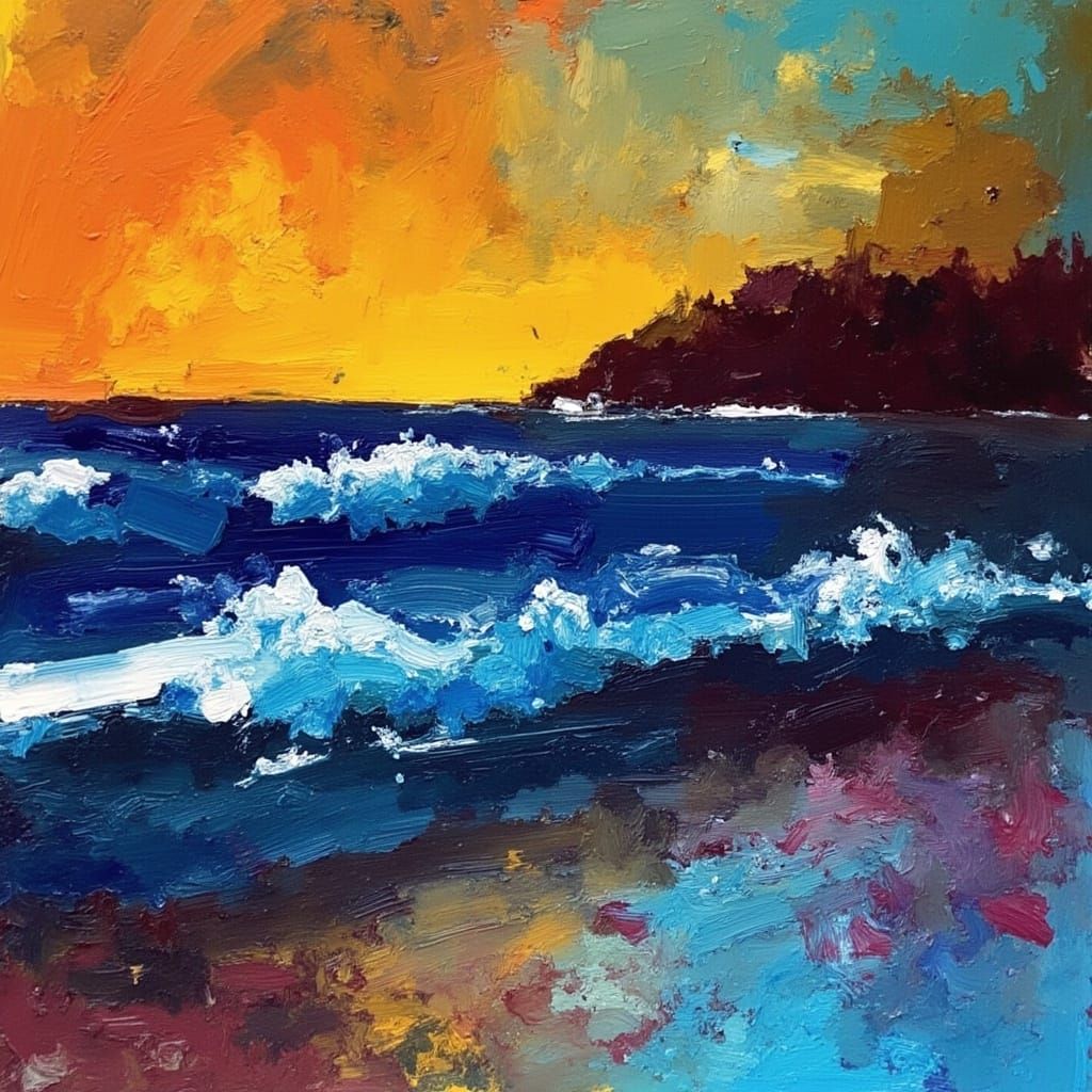 Expressionist Beachscape in Vibrant, Clashing Hues