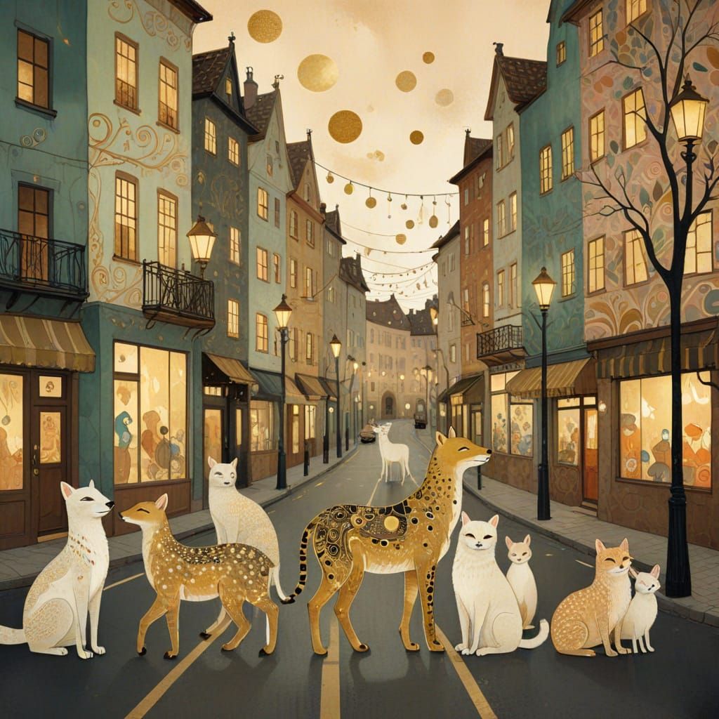 Anthropomorphic Animals Parade in Klimt-Inspired Digital Art