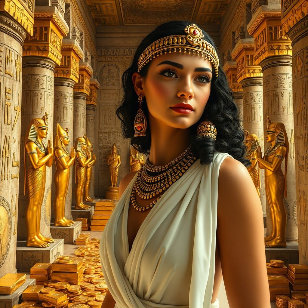 Ancient Egyptian Queen in Luxurious Gold Chamber