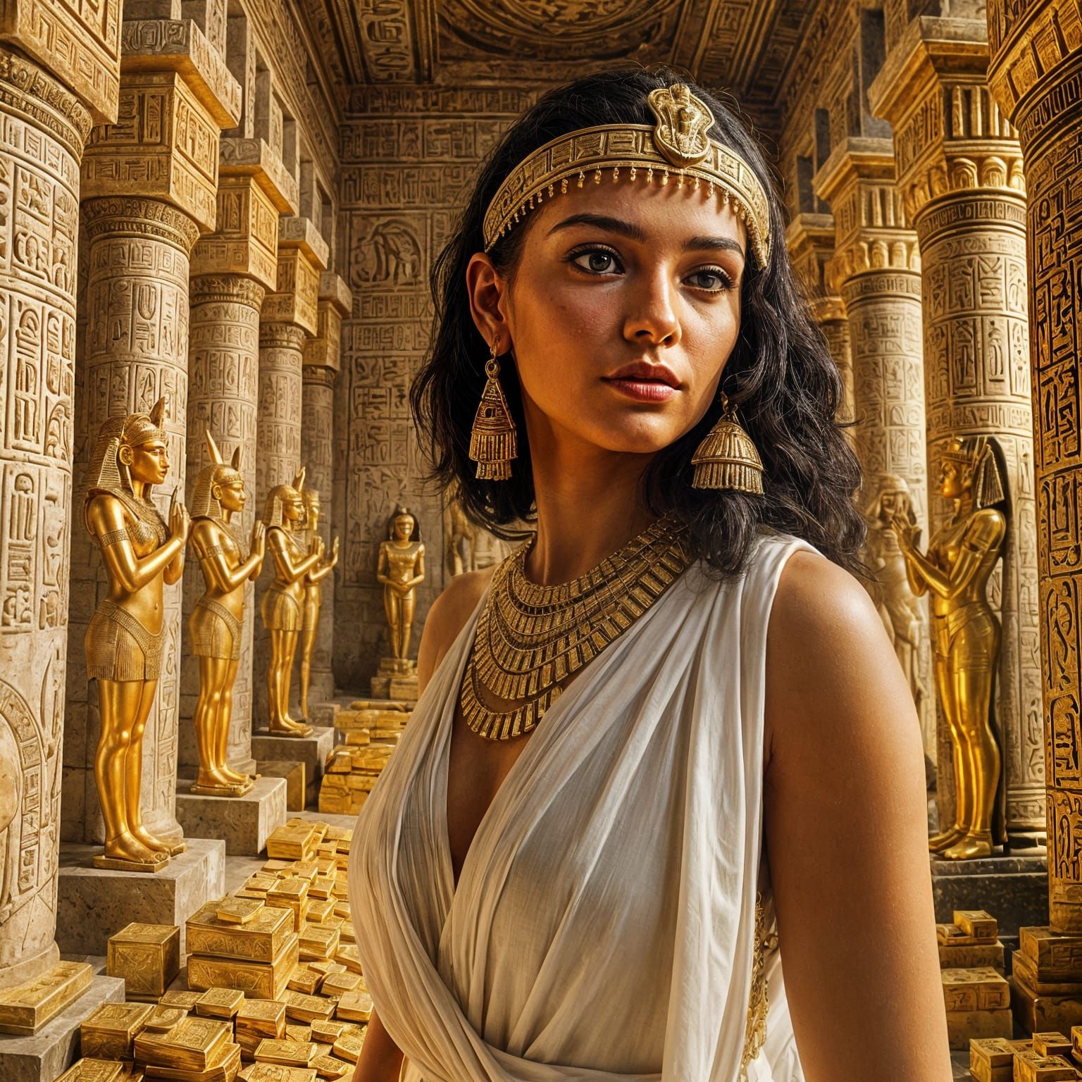 Cleopatra in Ancient Egyptian Room Filled with Gold