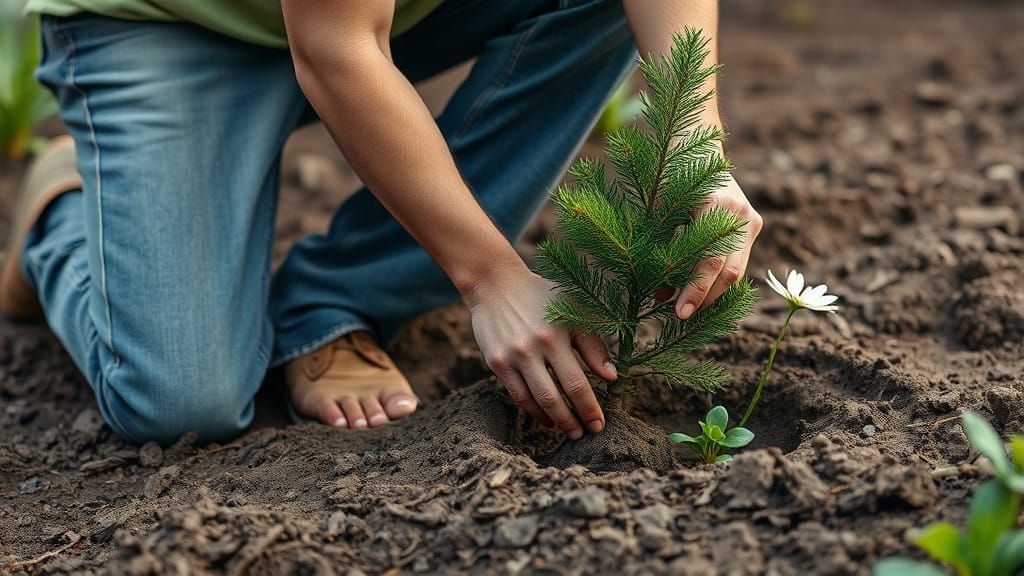 Gardener Plants Evergreen Tree with Foot on Delicate Flower