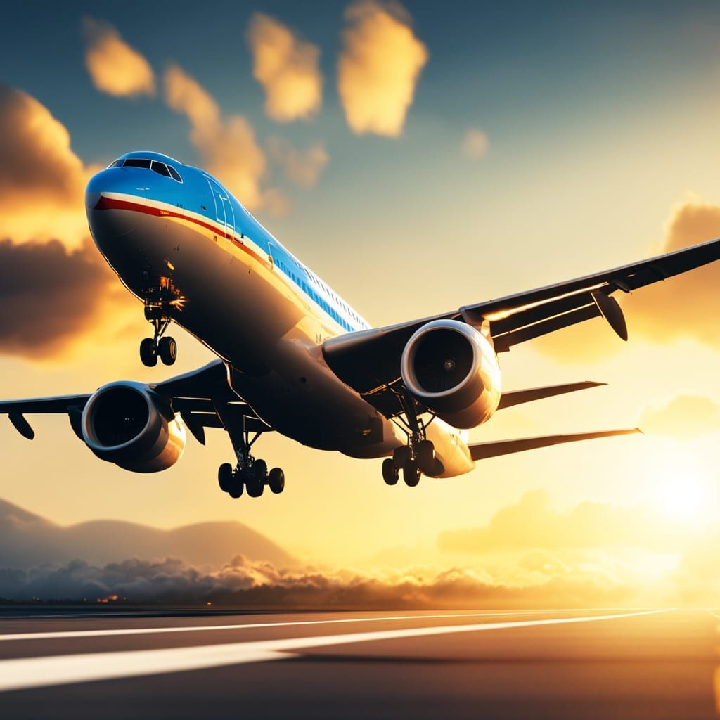 Airplane Takes Off at Dawn: Hyper-Realistic Digital Art