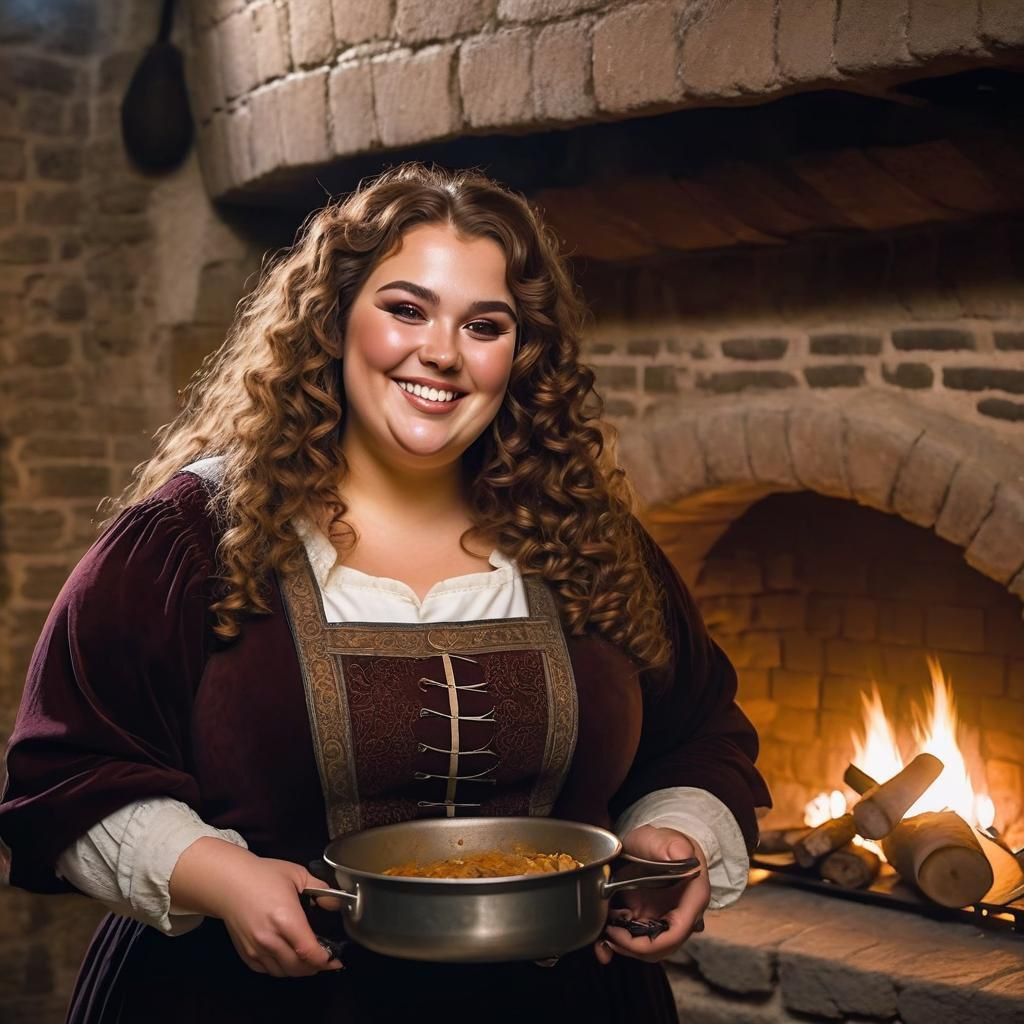 Medieval Woman Cooking in Castle Basement