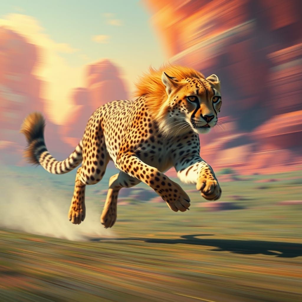 Cheetah with Fiery Mane in Futuristic Landscape