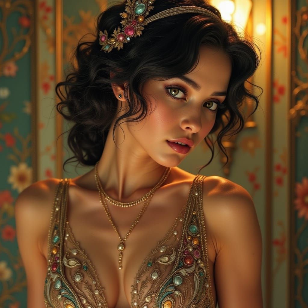 Flapper in Art Nouveau Style Prepares for Evening