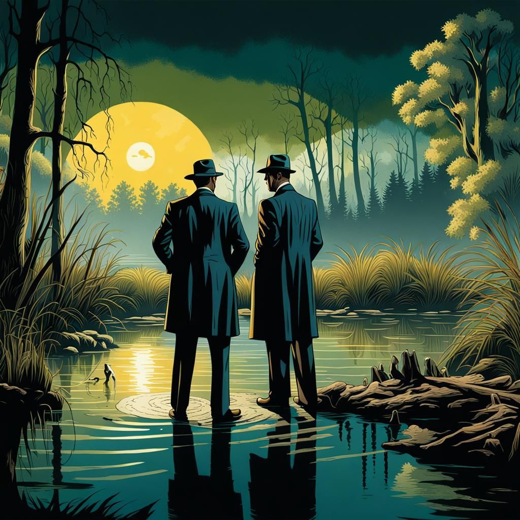Detectives Investigate Swamp Crime Scene in Film Noir Style