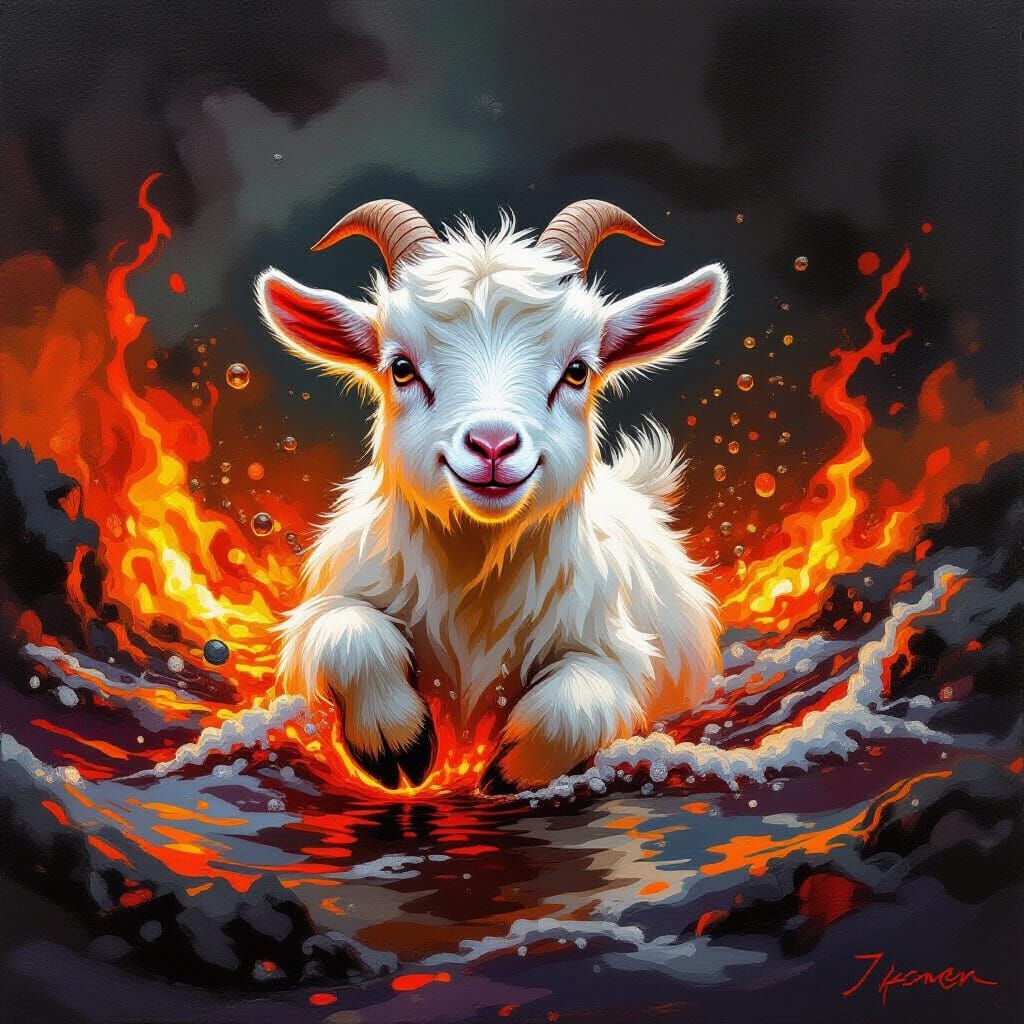 Surreal Oil Painting of a Goat Swimming in Lava