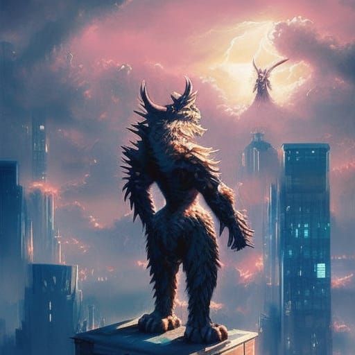 Garurumon Stares at Angewoman Above City