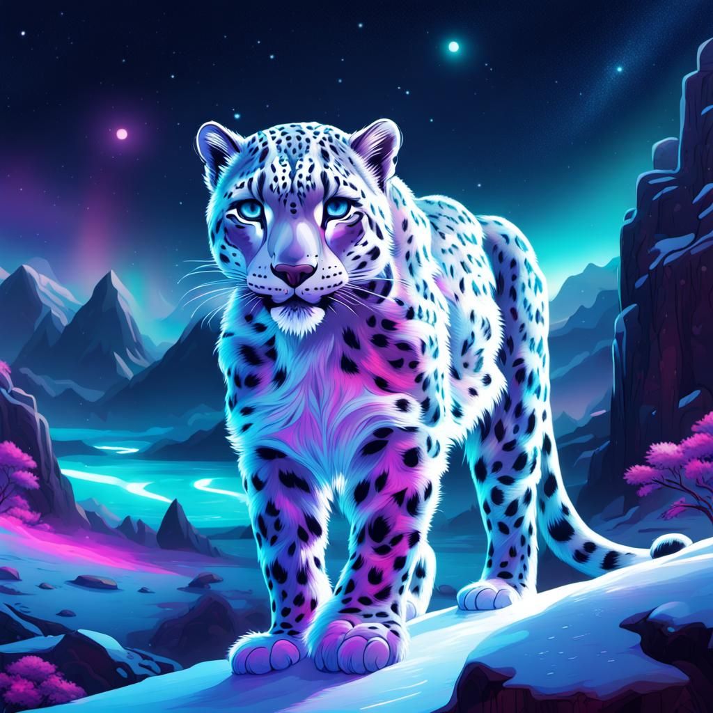 Chibi Snow Leopard in Neon Landscape: Astral Illustration