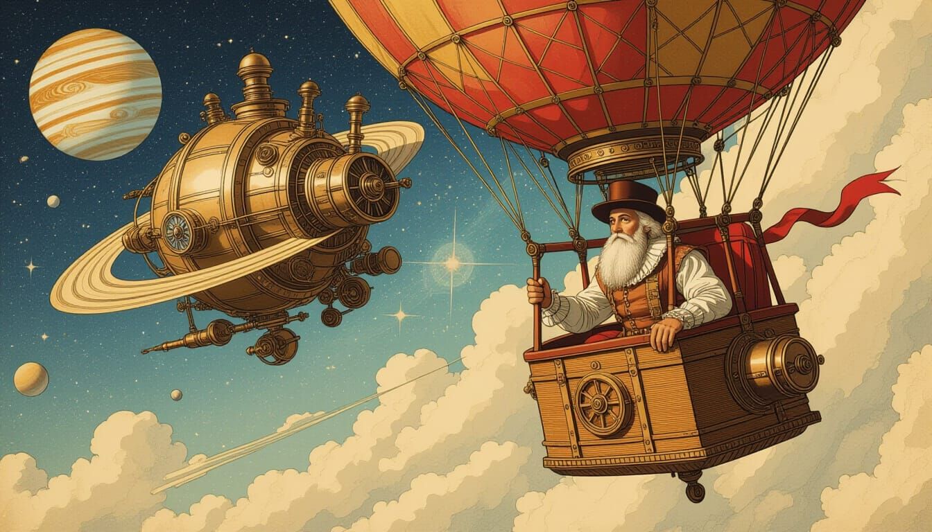 Steampunk Balloon Soaring Through the Solar System