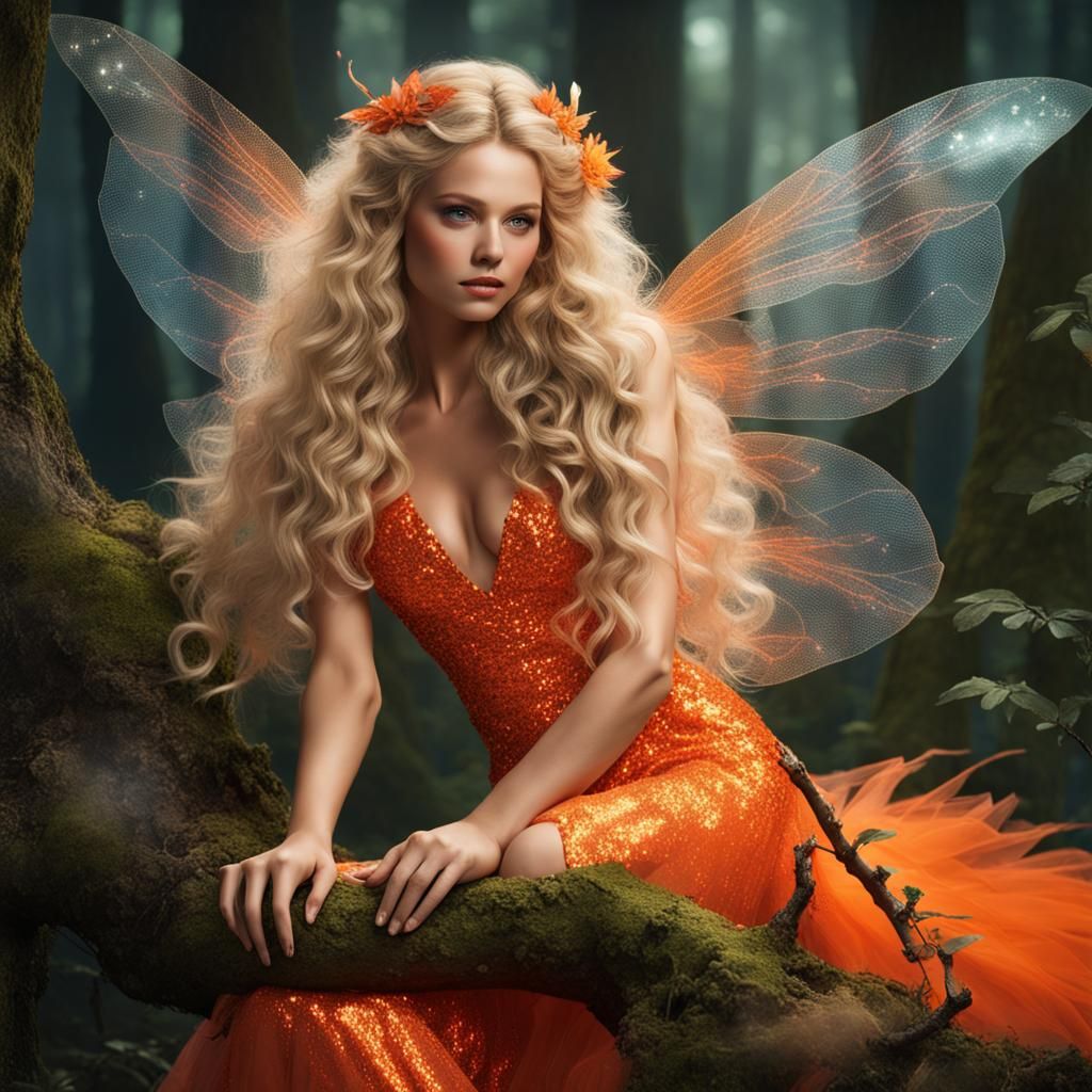 Fairy in Orange Gown in Lush Forest