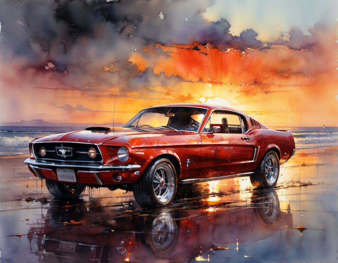 Classic Mustang Sunset Beach Watercolor Painting