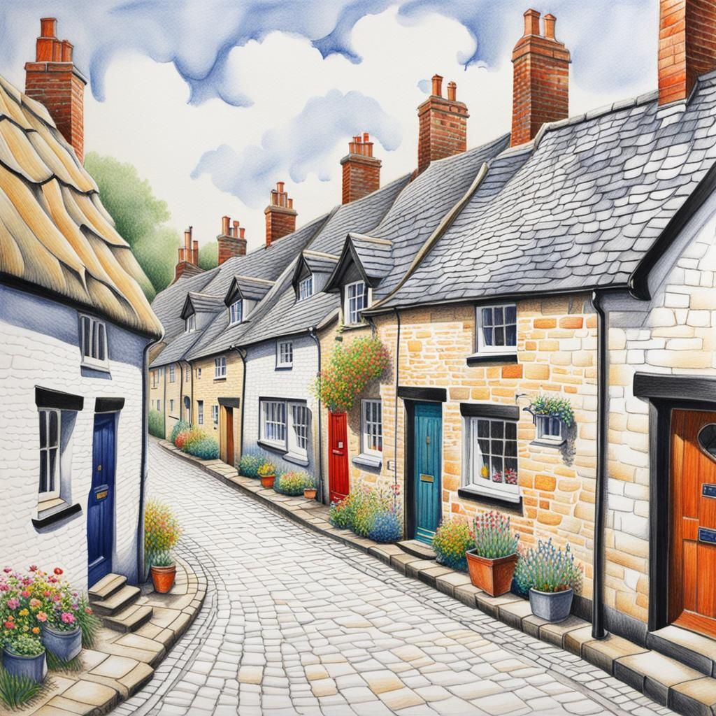 Yorkshire Cottages on Cobbled Street: Colored-Pencil Drawing