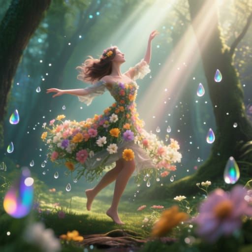 Woman of Flowers Dancing in Enchanted Woodland