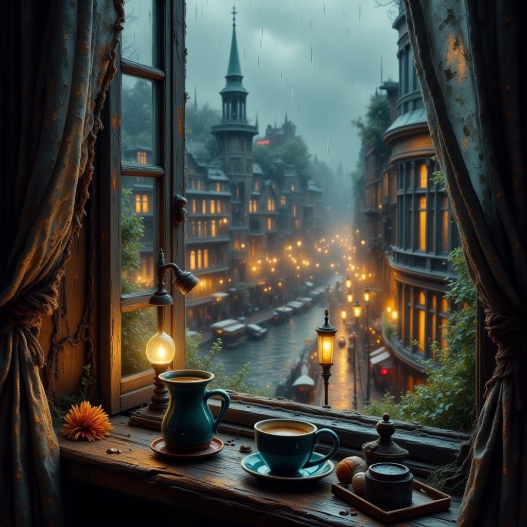 Rainy Victorian Harbor City at Night