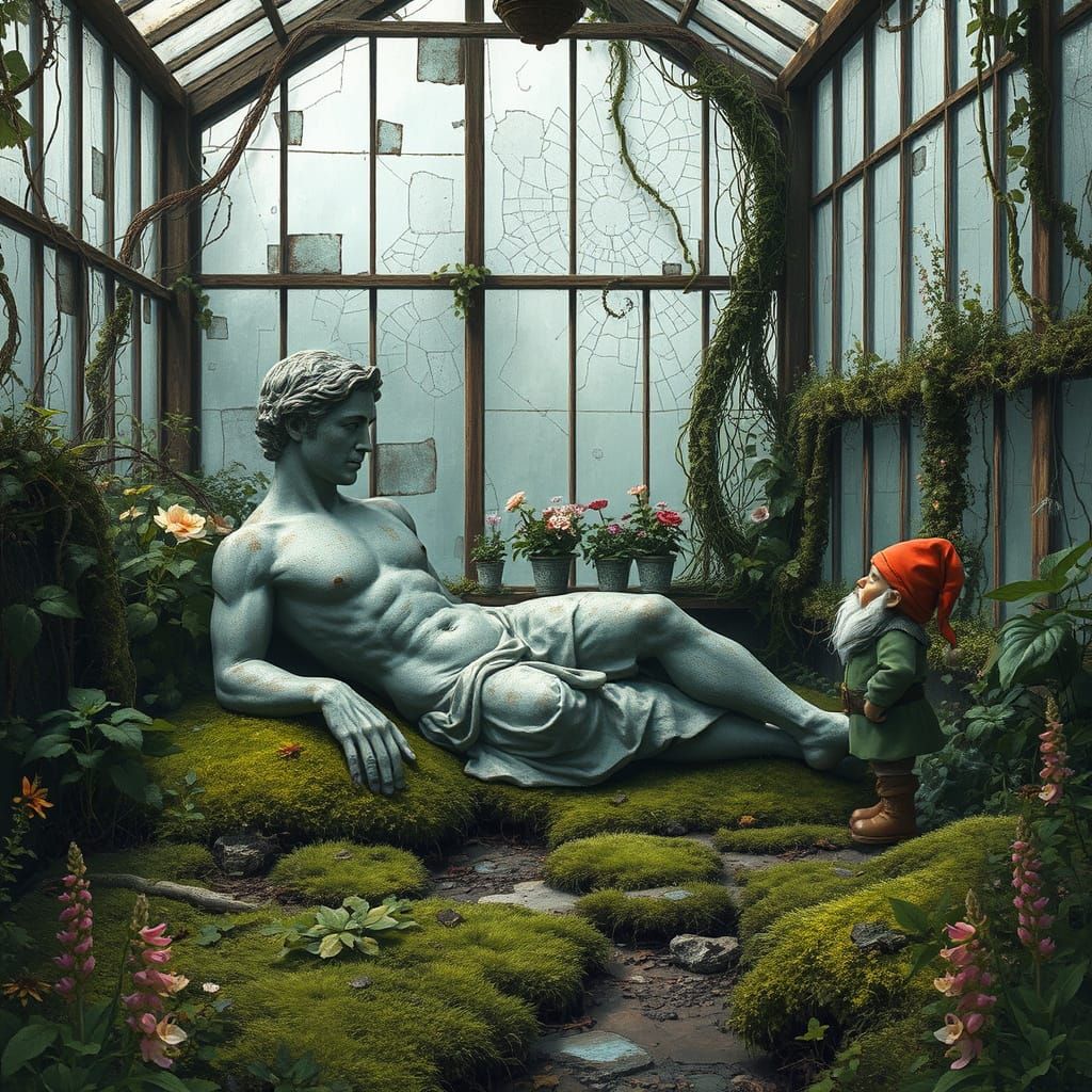 Weathered Statue in Overgrown Greenhouse with Dwarf