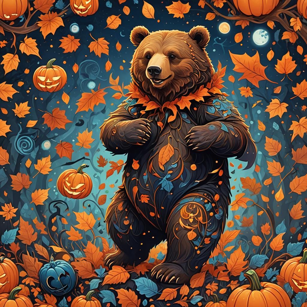 Joyful Halloween Bear in Autumnal Fantasy