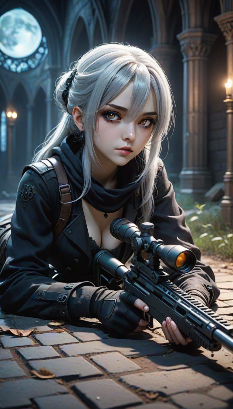 Gothic Anime Woman with Sniper Rifle Illustration