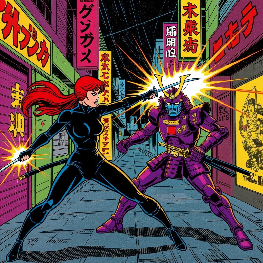 Ninja vs Samurai in Neon Tokyo: Marvel Comics Style
