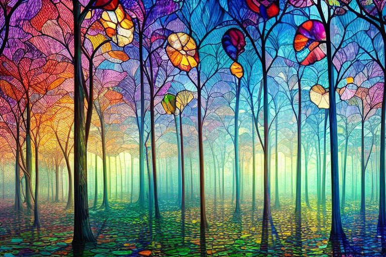 Stained Glass Forest: Hyperrealistic Digital Landscape