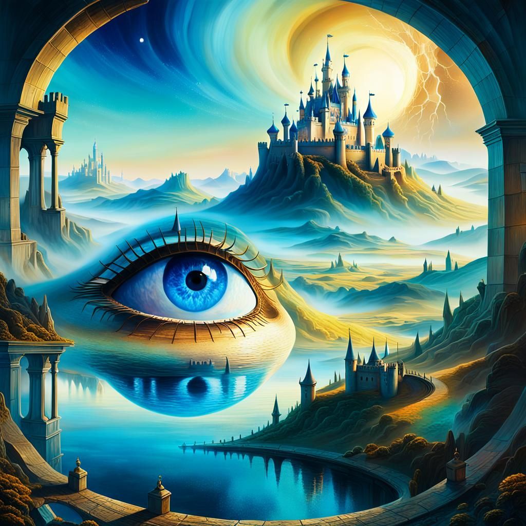 Surreal Landscape Inside a Blue Eye with Castle in the Dista...