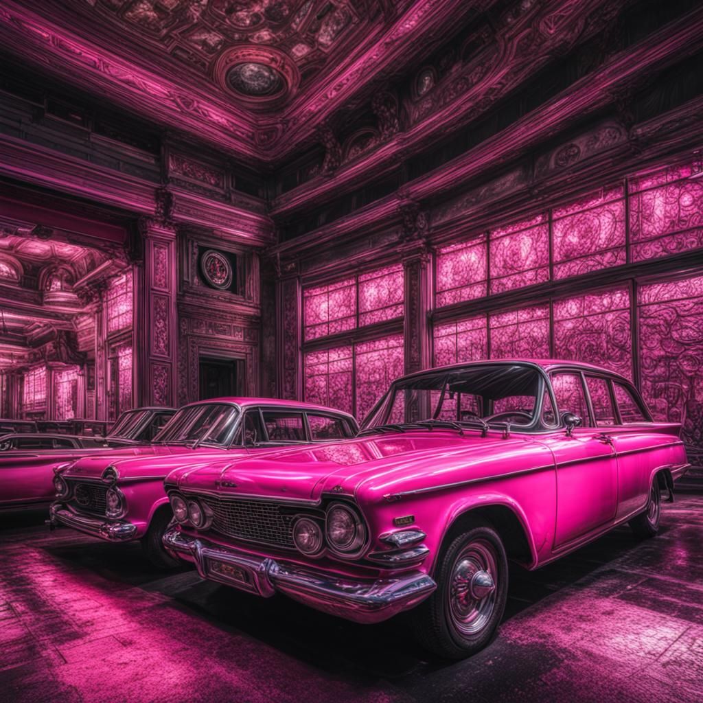 Hyperrealistic Pink Vintage Car in HDR