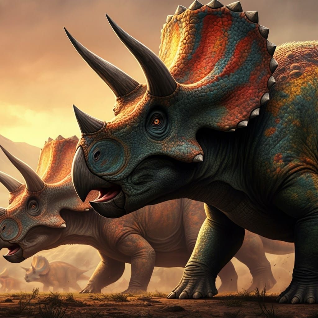 Triassic Era Triceratops Herd in Vibrant, Hyperrealistic Spl...