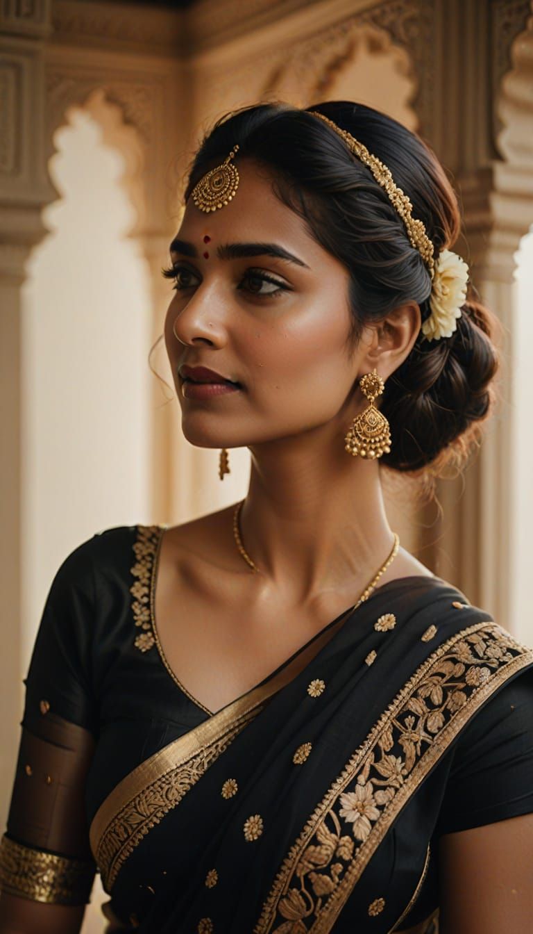 Elegant Young Woman in Cinematic Black Saree