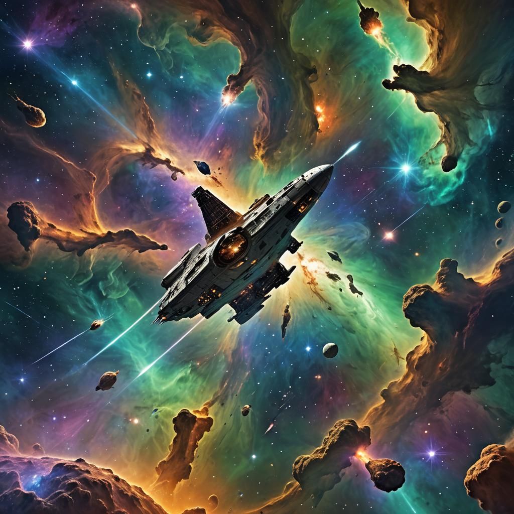Spectacular Spaceship Journey Through a Nebula in Digital Ar...