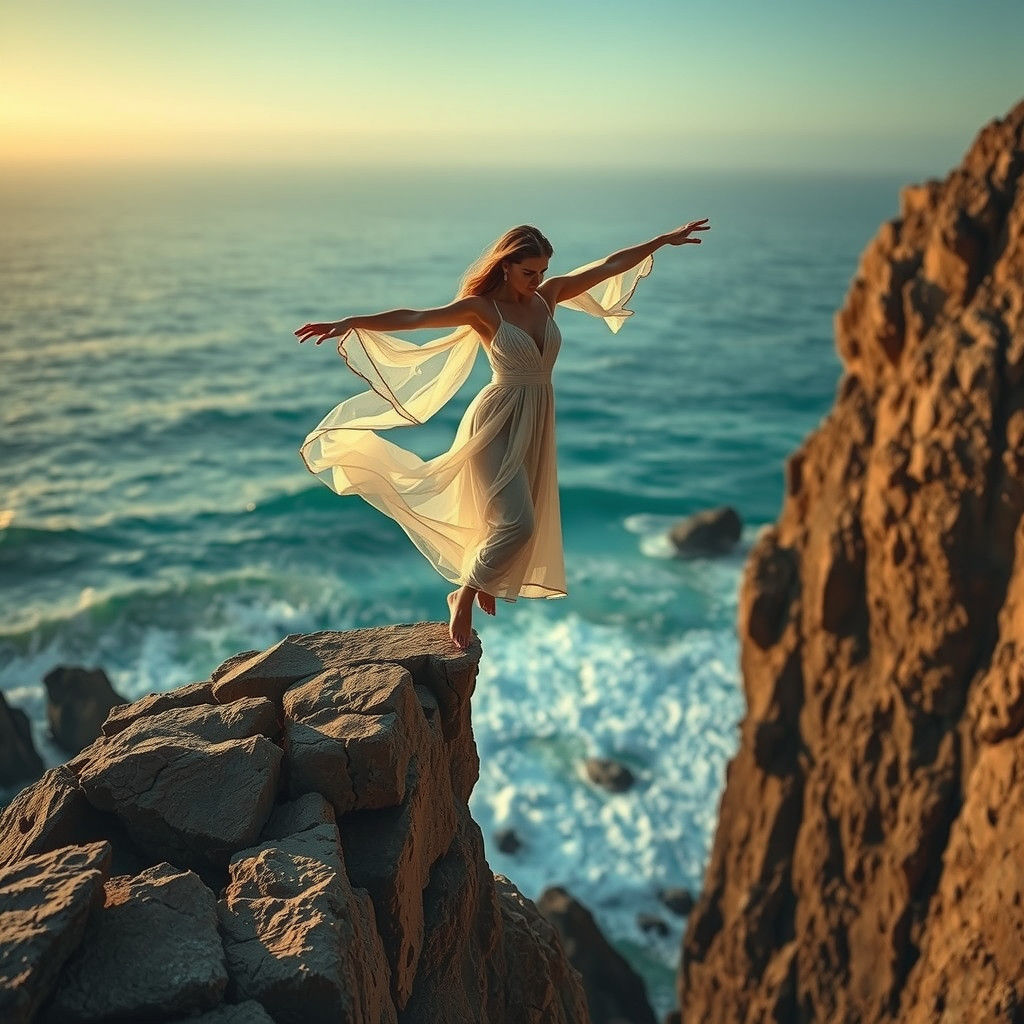 Ethereal Woman Balancing on Windswept Cliff