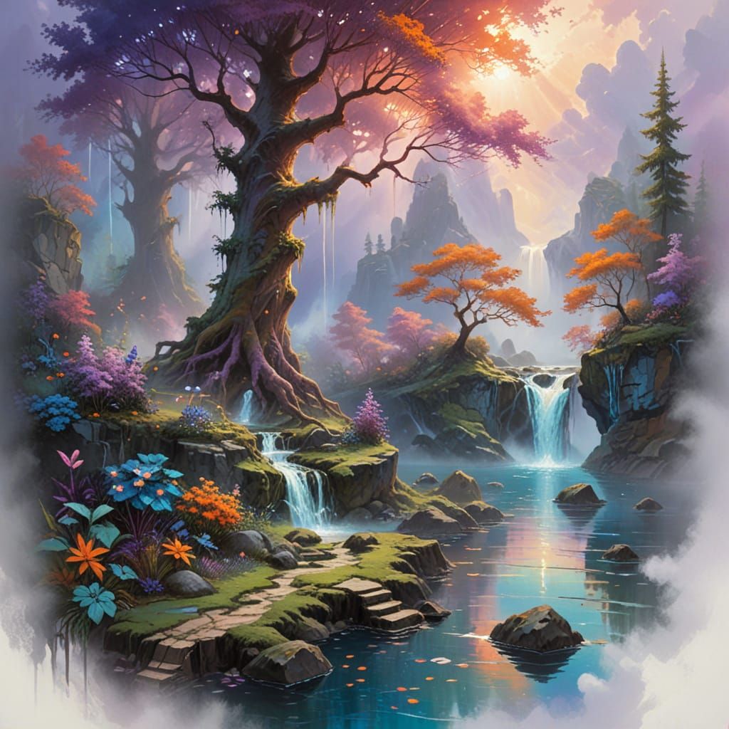 Enchanted Twilight Grove with Waterfall and Traveler