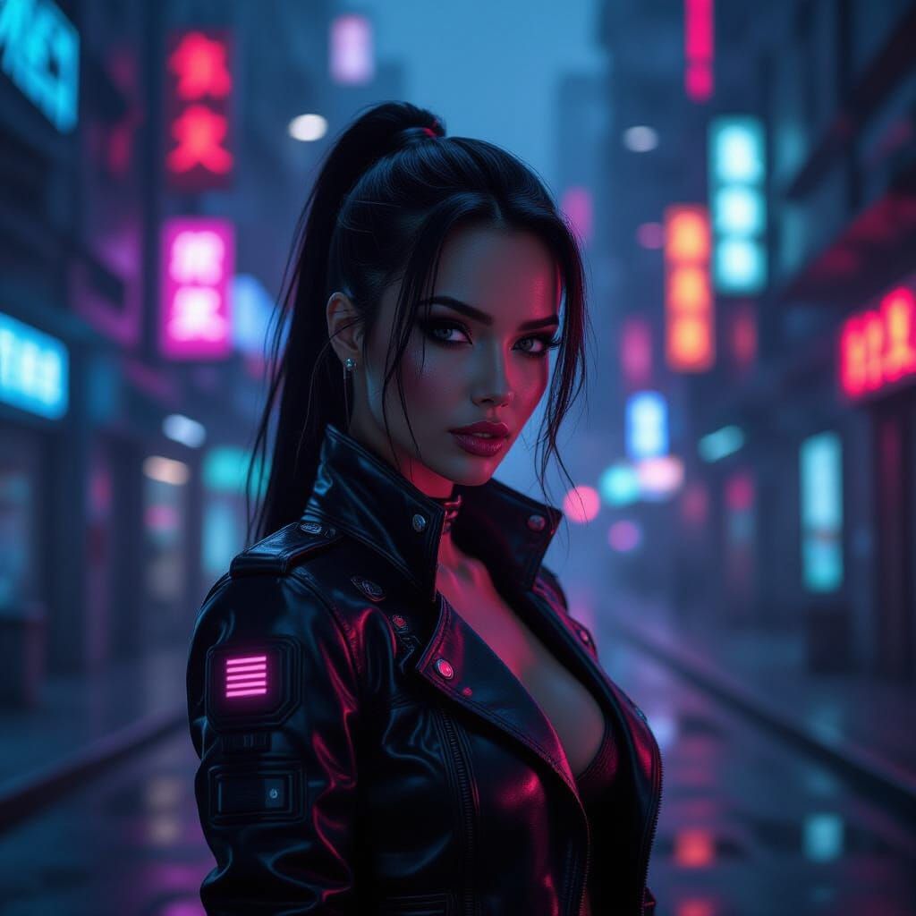 Stunning Cyberpunk Woman in Neon Cityscape