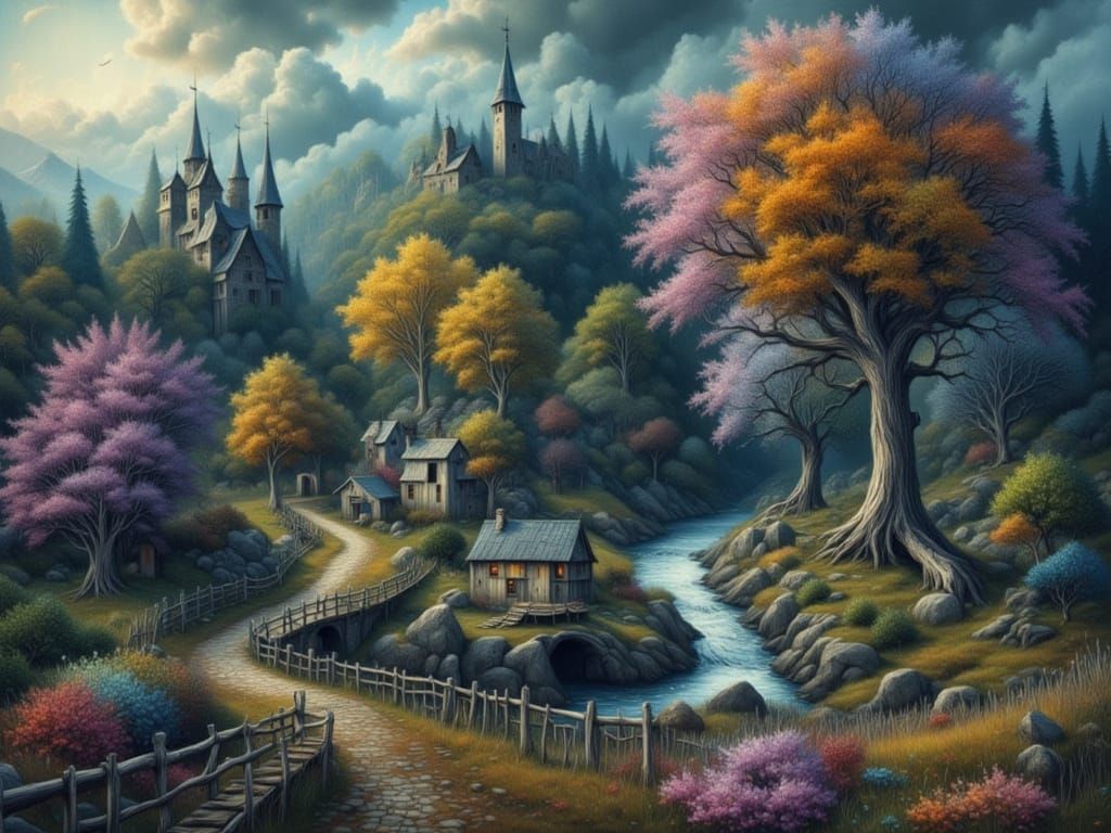 Majestic Oak Tree in Quaint Medieval Town