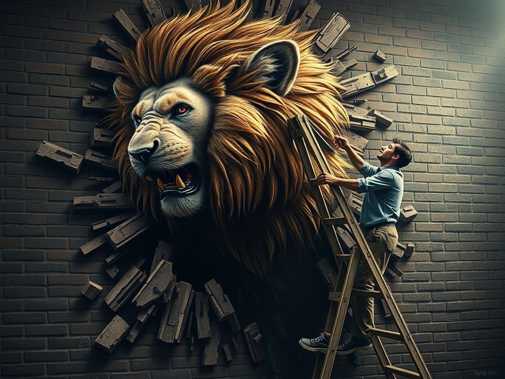 Hyperrealistic 3D Lion Crushes Wall, Man on Ladder