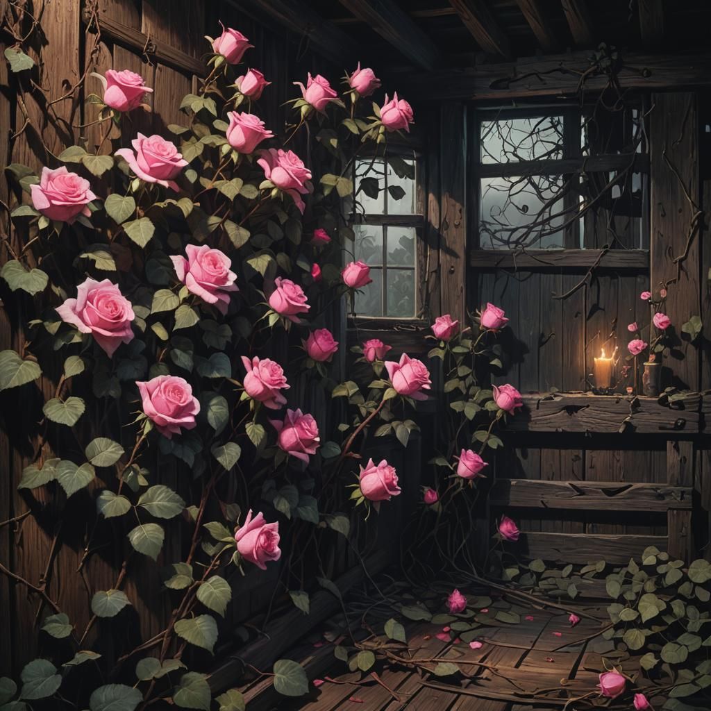 Roses Bloom in Haunted Shack: Surreal Oil Painting