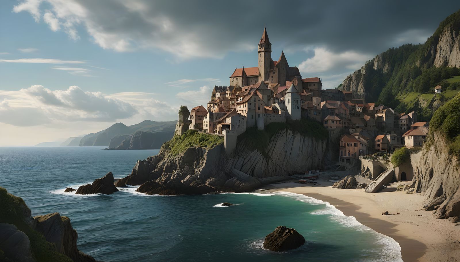 Whimsical Fantasy Village in Warm, Silvery Grey