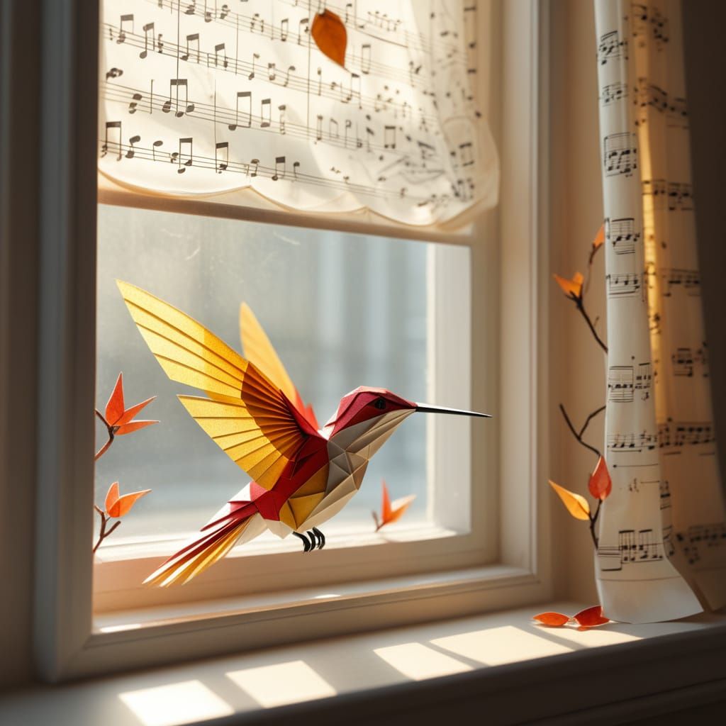 Origami Hummingbird on Window Sill in Golden Hour Light