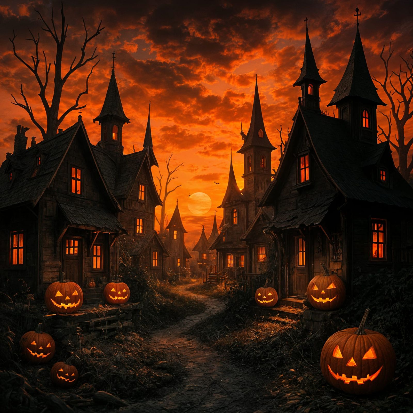 Spooky Halloween Village at Sunset With Jack-o'-Lanterns