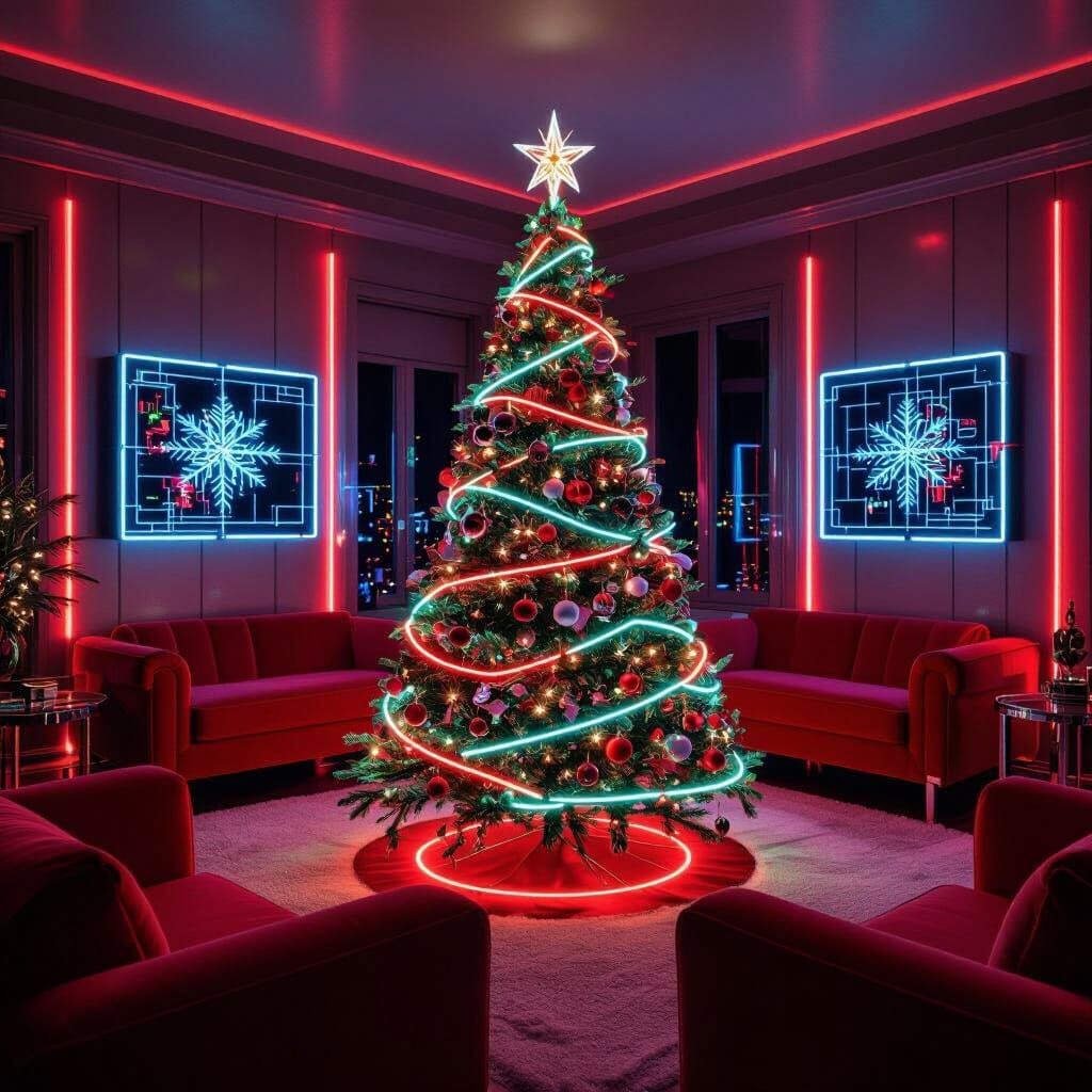 Futuristic Christmas Tree in Retro Living Room