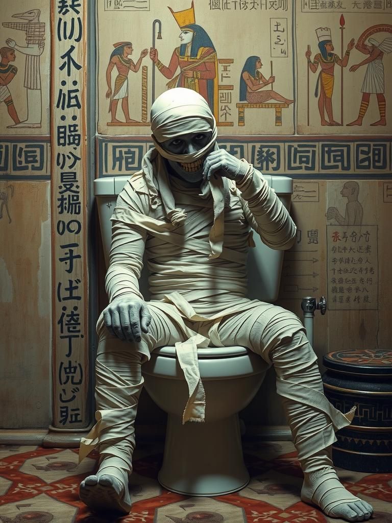 Humorous Mummy Toilet Scene in Egyptian Decor