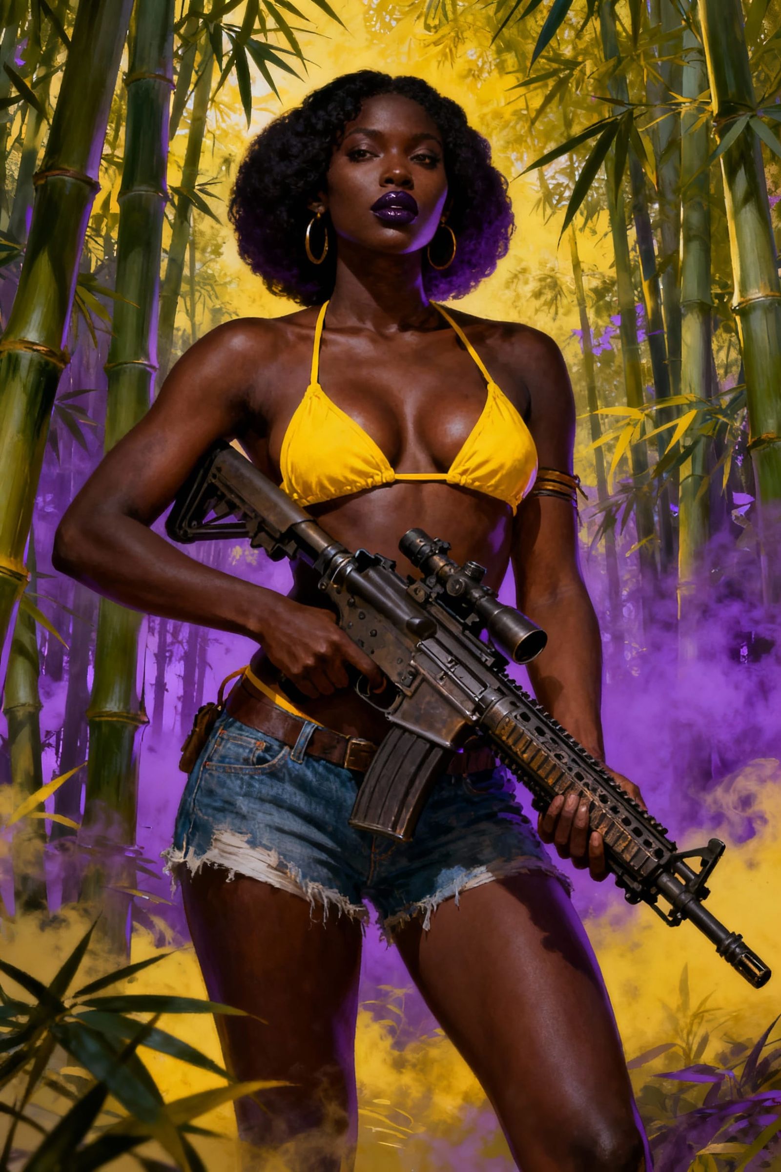 Modern Barbarian Woman with Machine Gun in Bamboo Forest